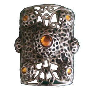 Cuff Bracelet Vintage Wide Brass Openwork Filigree 70s Amber Stones Heavy Small